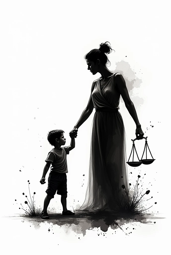 foreground, monochrome, ink sketch,((a mother's hands, holding the hands of her little son:1.5)), fighting stance, looking at the viewer, scales, (abstract ink splash:1.2), White background