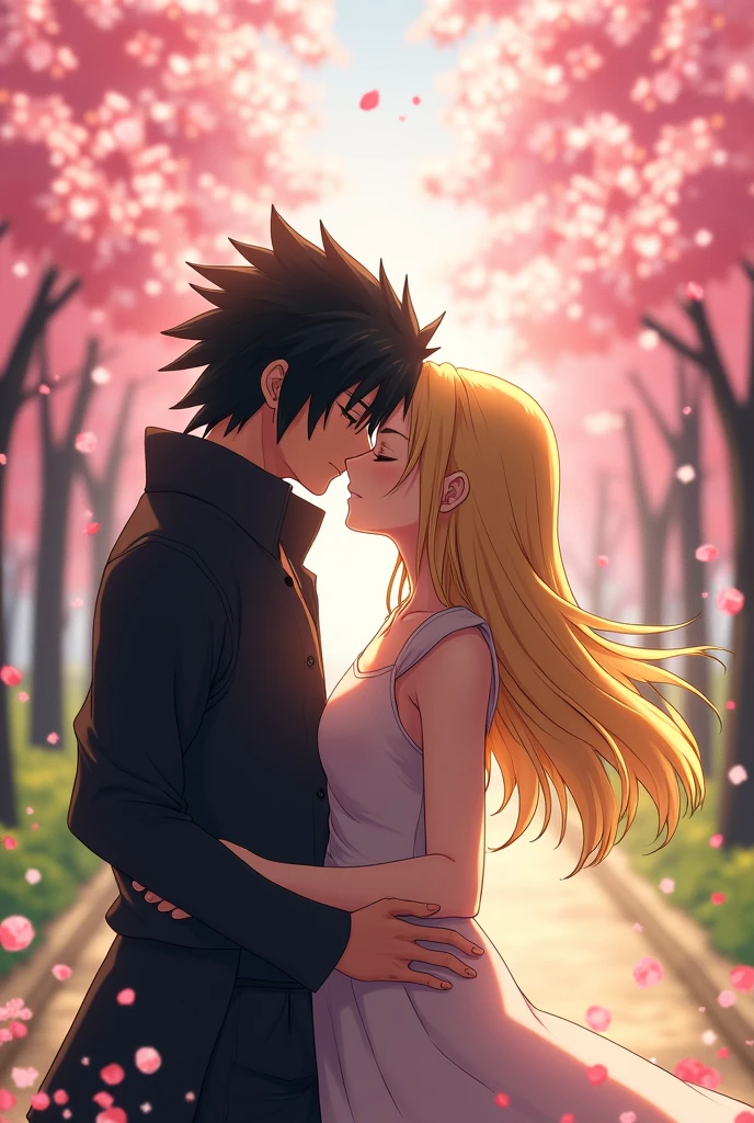 Sasuke Uchiha kissing a girl with long blonde hair