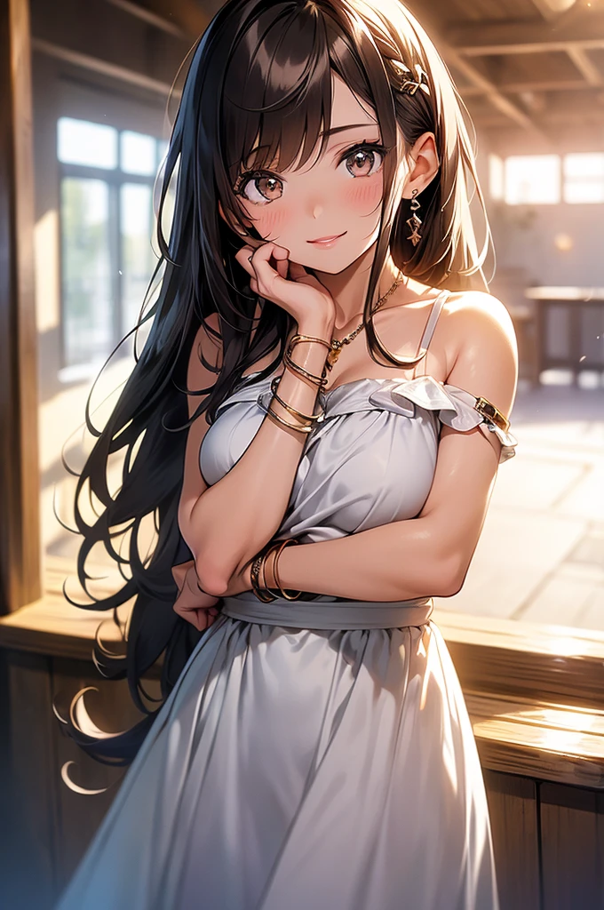 (masterpiece, Best quality, Ultra detailed, a high resolution, 4K),(beautiful detailed eyes),(very detailed face),(1 girl),HDR,By wide, Bermuda, Brown eyes, in chestnut, cell phone, bracelet, without sleeves, Jewelry, look, lips, focus only, back, There are no hands in sight, Blurred background, smile, wristlook, realist, Blurred, Looking at the viewer