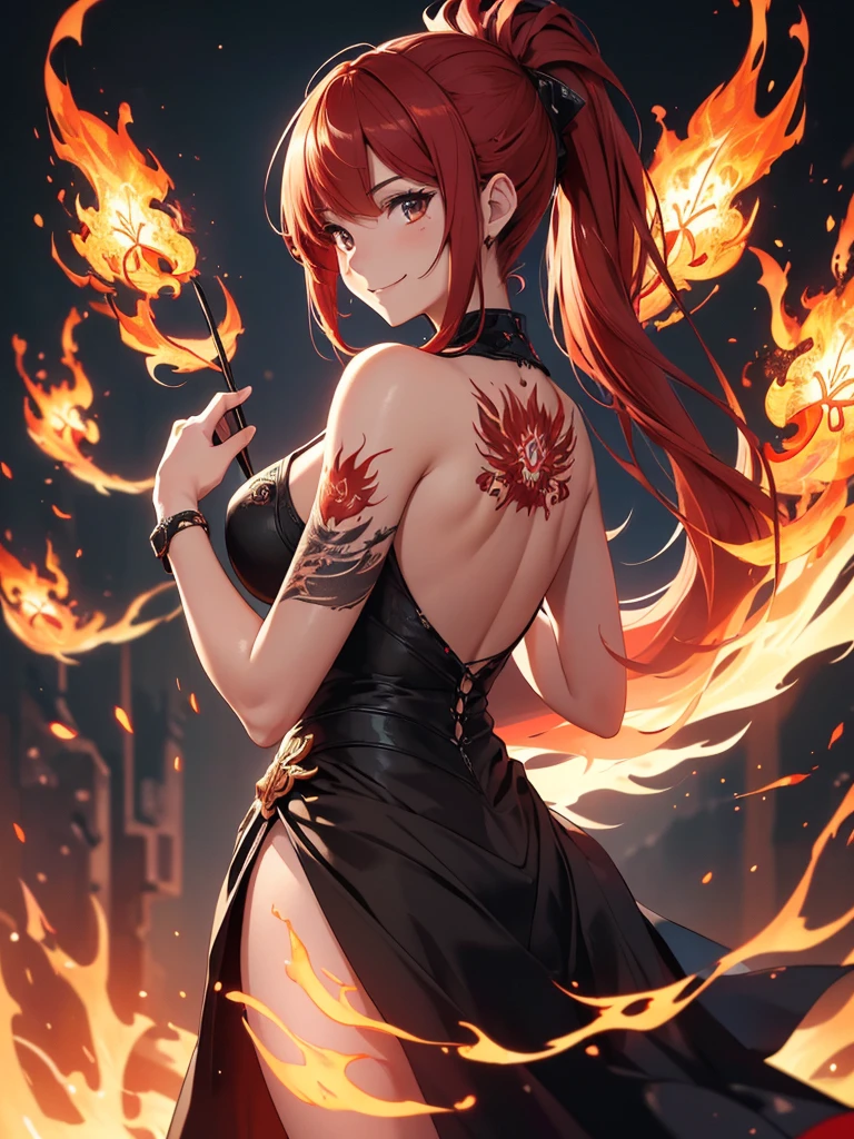 (((best quality, sharp image, clear image, cinematic lighting, 8k resolution, masterpiece, ultra detailed, intricate))) Girl, (((looking over left shoulder))), (shot from behind), ((shot from hip up)), fiery red hair, pigtails, ((intricate black dress)), ((flaming sigils, flaming runes)), spiky rock formations, (flaming lotus flowers frame), (intricate background), (chaotic background), ((Phoenix)), (swirling flames), smiling,tatoo on back