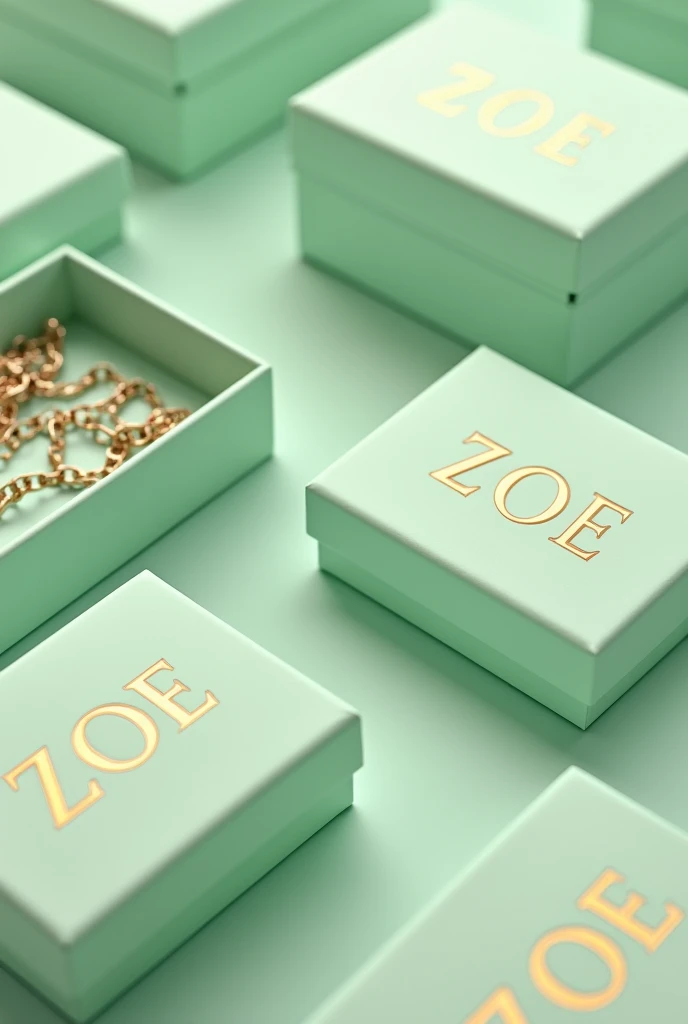 Create rectangular boxes in pastel pistachio green color, both closed and open, with a chain inside, displaying the name ZOE in a serif font in golden color.