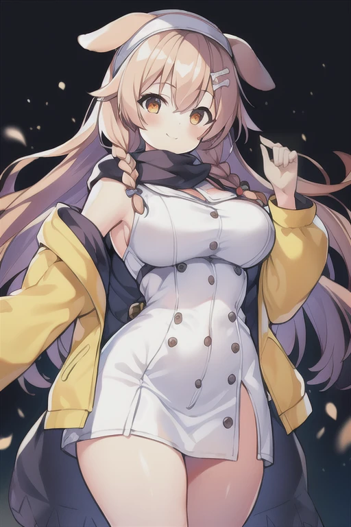1girl, Korone, smile, dog ears, twin braids, sidelocks, hair ornament, ((white dress)), jacket, yellow jacket, jacket, open clothes, open jacket, dress, short dress, sleeveless dress, huge breasts, wide hips, thick thighs, tall, tall female, mature female, bandana, scarf, hourglass figure, standing, ((mature female)), ((scarf))