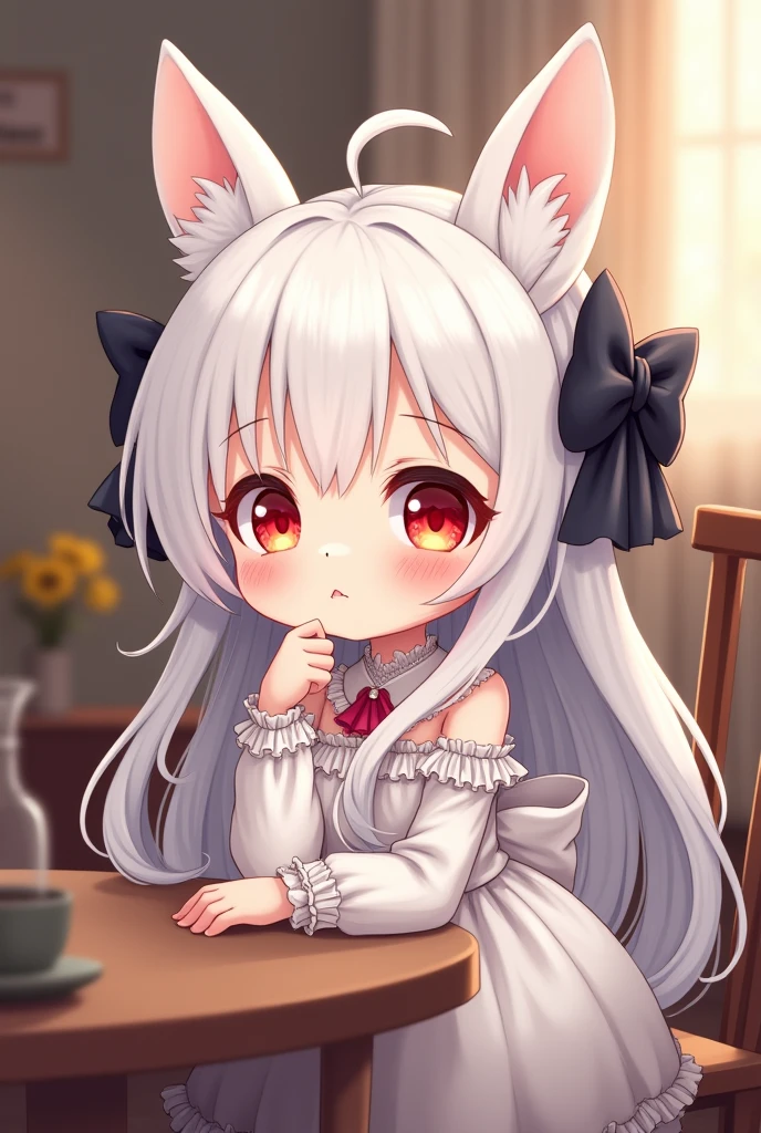 (2.5D),oil painting,solo,1girl\(2.5D,Chibi,cute,kawaii,small ???,white hair:1.4,long,hair,rabbit ear,cat ear,white short dress with frill,red and yellow eyes,big eyes,skin color white,big black hairbow,sitting at table,thinking about somthing\),background\(inside,simple room,table\),(2.5D)