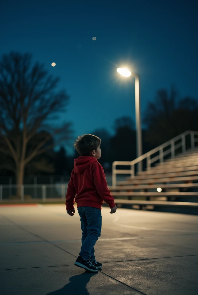 boy walking next to a cement court at night