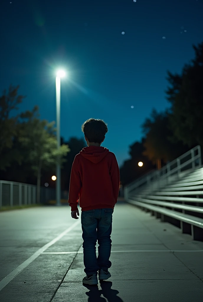 boy walking next to a cement court at night