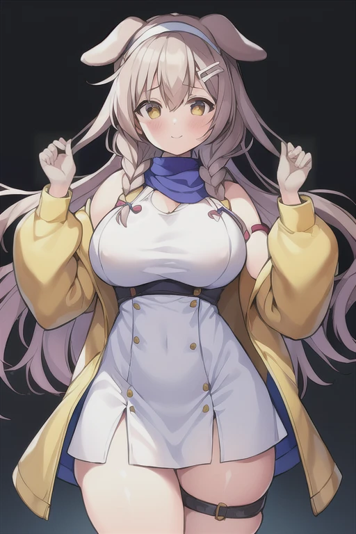 1girl, Korone, smile, dog ears, twin braids, sidelocks, hair ornament, ((white dress)), jacket, yellow jacket, jacket, open clothes, open jacket, dress, short dress, sleeveless dress, huge breasts, wide hips, thick thighs, tall, tall female, mature female, bandana, scarf, hourglass figure, standing, ((mature female)), ((scarf))