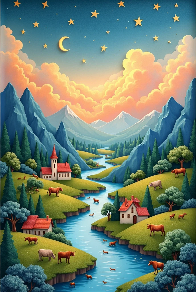 Paper cut art (((masterpiece))),best quality, illustration, europe map, within Europe map we see a night sky, rivers, mountains, cows, no humans, night, birds, building, grass, house, trees, europe map, vibrant color scheme, Soft light,(warm color:1.2),Water color painting, light background, best quality exquisite details,3d rendering,Octane render, pastel, paper_cut of europe map.