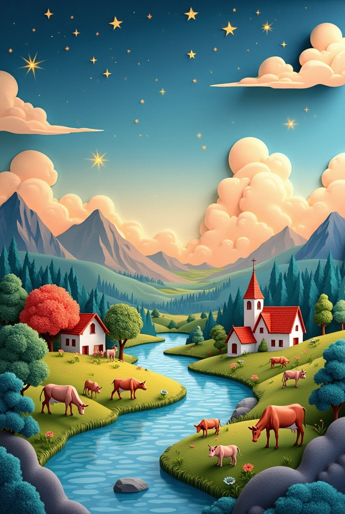 Paper cut art (((masterpiece))),best quality, illustration, europe map, within Europe map we see a night sky, rivers, mountains, cows, no humans, night, birds, building, grass, house, trees, europe map, vibrant color scheme, Soft light,(warm color:1.2),Water color painting, light background, best quality exquisite details,3d rendering,Octane render, pastel, paper_cut of europe map.