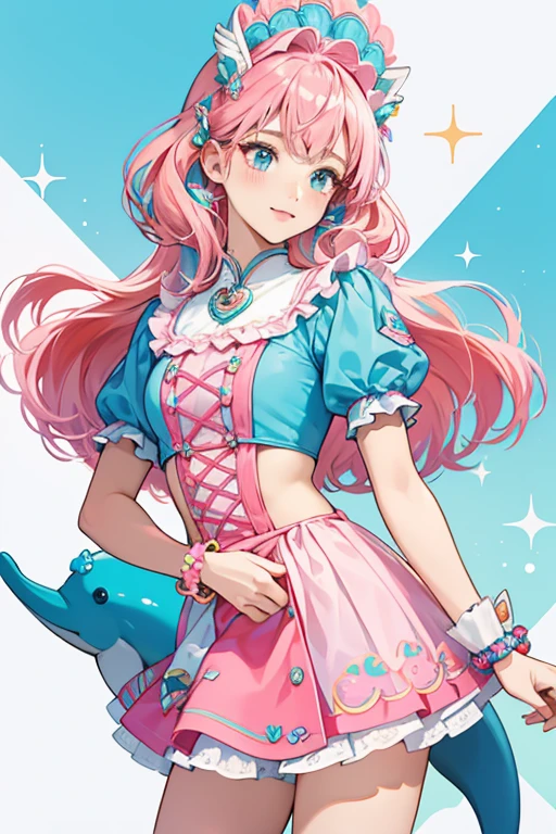 Dolce Dolphin wears a colorful outfit: the pink and blue bodice has a dolphin-inspired motif; a removable pink skirt has a whimsical wavy pattern and dolphin tail silhouette. Matching traits with her dolphin bestie include her skin coloring, dolphin facial features and wrist fins.As well as flowing pink hair and headdress. SPARKLE; GLITTER