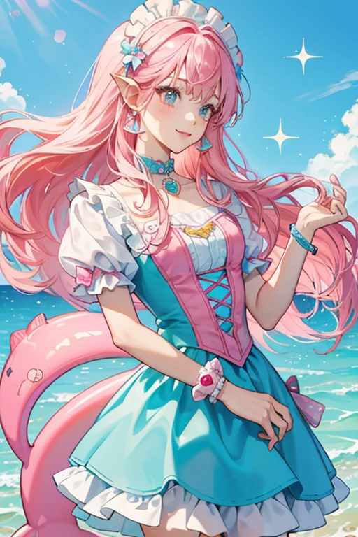 Dolce Dolphin wears a colorful outfit: the pink and blue bodice has a dolphin-inspired motif; a removable pink skirt has a whimsical wavy pattern and dolphin tail silhouette. Matching traits with her dolphin bestie include her skin coloring, dolphin facial features and wrist fins.As well as flowing pink hair and headdress. SPARKLE; GLITTER