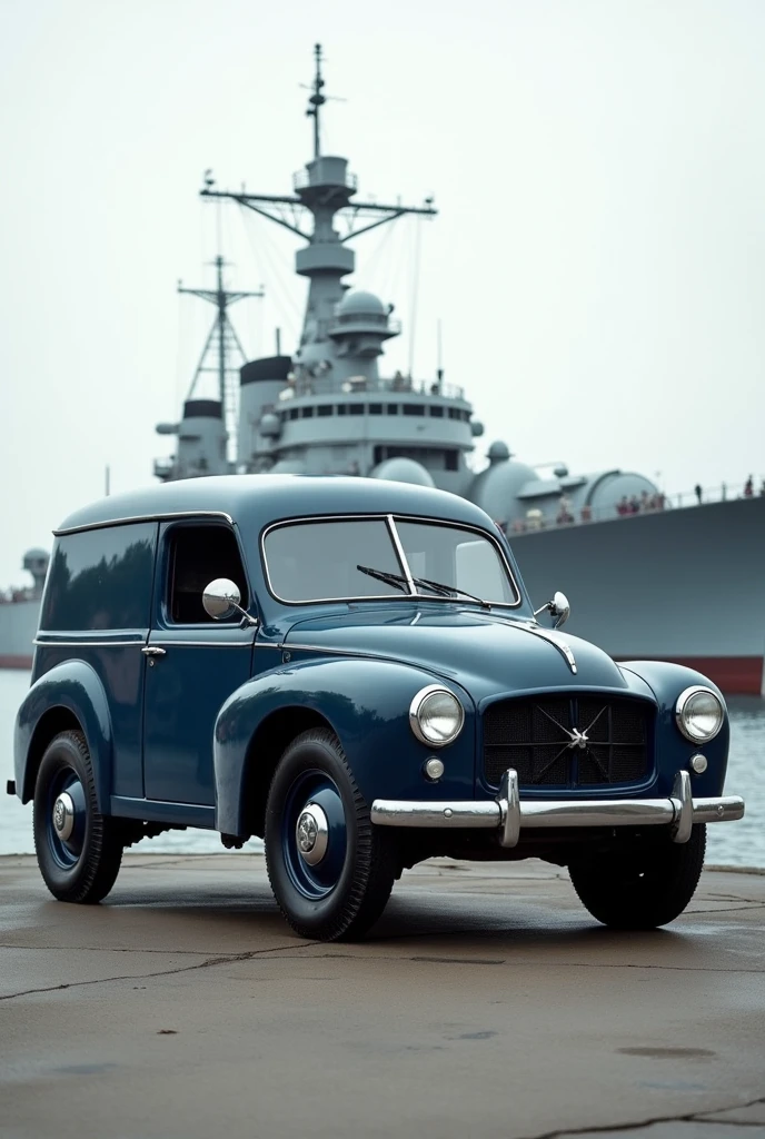 Small closed van-type utility vehicle from the 1950s, van body, advanced cabin, straight ahead, Navy military paint in navy blue, simple lines at the front without front grille, rear engine, steel wheels without hubcaps in body color, No doors, simplest version without chrome, circular headlights screwed to the front sheet metal, parked at a naval base with a warship in the background