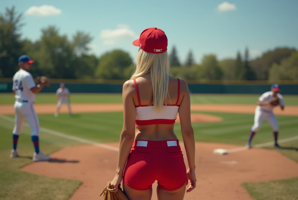 Magnificent detail, 8K Photos, hyper- realism, realistic background, visual depth, wide angle lens, professional light, POV catcher (catcher) behind the batter (batter). {The scene shows a woman batter (batter) In the baseball game, Linda, sensuous, blonde with white skin, turned sideways, segurando a base do taco In the baseball game e rebatendo forte uma bola In the baseball game, thrown by a pitcher (pitcher) in official playing position.} {The hitter (batter) veste uniforme do Los Angeles Angels, with short shorts, rot, very tight, showing off her beautiful muscular legs and big butt, white babydoll style top, short, that highlights your belly button well, defined abdomen and perfect big breasts. whitegloves, capacete rot e tênis branco e rot da marca nike.} {O cenário é um campo In the baseball game e as 3 pessoas estão posicionadas de acordo com as regras e demarcações oficiais do beisebol.} {The woman is in the traditional rotation movement to hit the ball} {The pitcher is returning from the ball throwing motion. The pitcher is wearing a traditional Dodgers uniform..} {The hitter (batter) is looking at the ball, holding the bat with both hands, with semi-flexed knees and legs wide open.} The ball is close to the point of contact with the bat. The hitter tem bunda grande, Waist slender, big boobies. Linda, sexly.