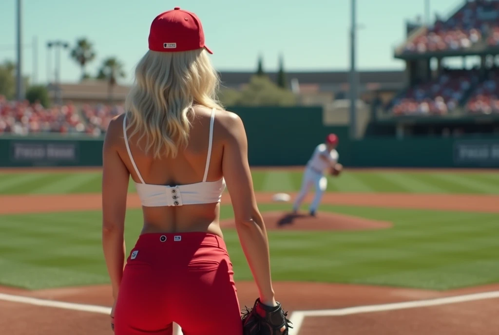 Magnificent detail, 8K Photos, hyper- realism, realistic background, visual depth, wide angle lens, professional light, POV catcher (catcher) behind the batter (batter). {The scene shows a woman batter (batter) In the baseball game, Linda, sensuous, blonde with white skin, turned sideways, segurando a base do taco In the baseball game e rebatendo forte uma bola In the baseball game, thrown by a pitcher (pitcher) in official playing position.} {The hitter (batter) veste uniforme do Los Angeles Angels, with short shorts, rot, very tight, showing off her beautiful muscular legs and big butt, white babydoll style top, short, that highlights your belly button well, defined abdomen and perfect big breasts. whitegloves, capacete rot e tênis branco e rot da marca nike.} {O cenário é um campo In the baseball game e as 3 pessoas estão posicionadas de acordo com as regras e demarcações oficiais do beisebol.} {The woman is in the traditional rotation movement to hit the ball} {The pitcher is returning from the ball throwing motion. The pitcher is wearing a traditional Dodgers uniform..} {The hitter (batter) is looking at the ball, holding the bat with both hands, with semi-flexed knees and legs wide open.} The ball is close to the point of contact with the bat. The hitter tem bunda grande, Waist slender, big boobies. Linda, sexly.
