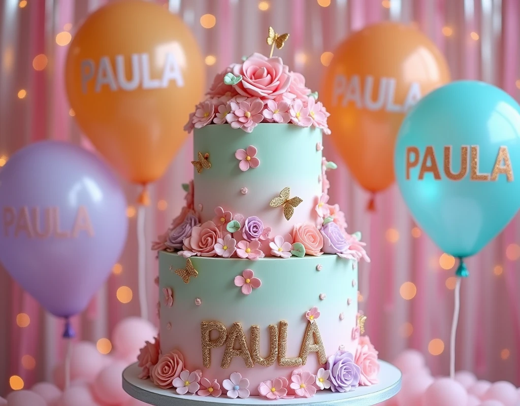 Create a birthday cake for my daughter with the name PAULA ANDREA PADILLA realistic and balloons with the name PAULA 