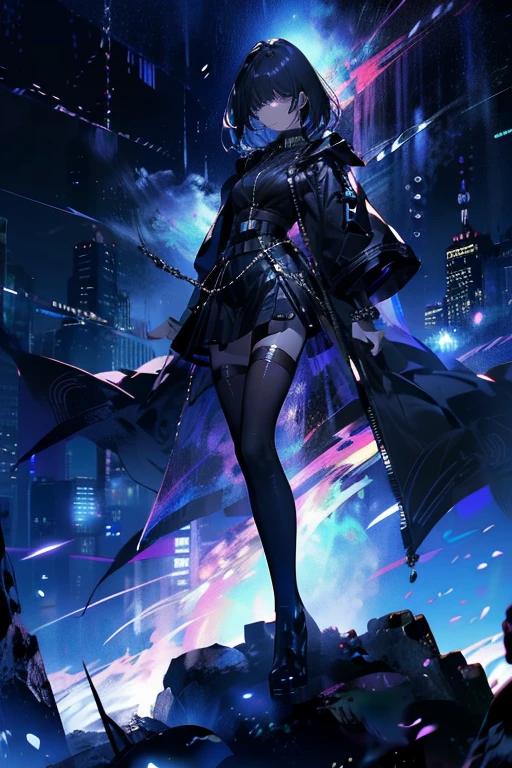 high resolution、High resolution、sharp lines、、、Short、short hair、Futuristic black sword、Black clothes、Bondage、whiteい髪の毛、fine hair、Hiding one eye with hair、Sharp Eye、Jewel-like eyes、whiteい背景、Fantastic colors、Near future、Facing forward、Small face、Small breasts、Attractive lips、whole body、Long legs、From head to toe、Beautiful legs、Character portrait、They are equipped with weapons.、Armament、A serious face、Black boots、Character portrait、Sharp lines、Clear line art、Standing with your legs apart、9 heads、white、whiteい、