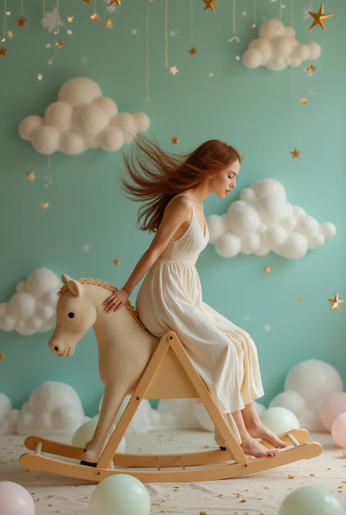 A naked woman is struggling while being put on a triangular rocking horse.