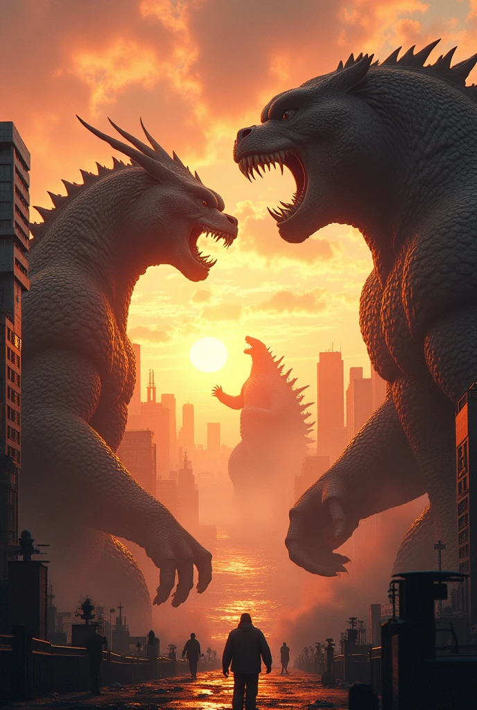 (photorealism:1:2) In a city King Ghidorah and kong are standing and looking at shimo and Godzilla with rorars.