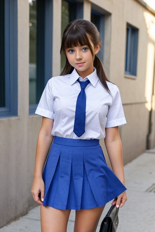 girl * blue eyes, school uniform, blue short skirt, looking at the viewer