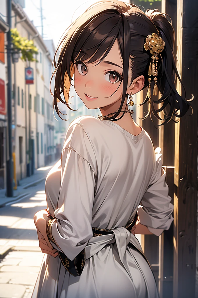 (masterpiece, Best quality, Ultra detailed, a high resolution, 4K),(beautiful detailed eyes),(very detailed face),(1 girl),HDR,By wide, Bermuda, Brown eyes, in chestnut, cell phone, bracelet, without sleeves, Jewelry, look, lips, focus only, back, hands behind your back, Blurred background, smile, wristlook, realist, Blurred, Looking at the viewer