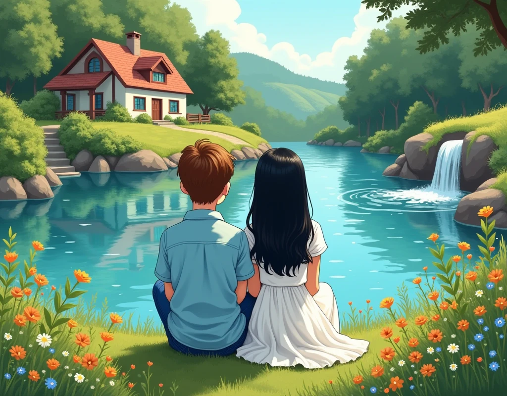 An image of two teenagers , A boy and a girl sitting, With their backs to the image, by a lake, without leaning against each other, they are just sitting side by side. He has short brown hair, jeans and a light blue shirt. She is wearing a white dress and has long black hair. Os dois estão sentados by a lake. The lake has a small waterfall that flows into it. Around them there is a country house surrounded by nature. the image can be in a cartoon style