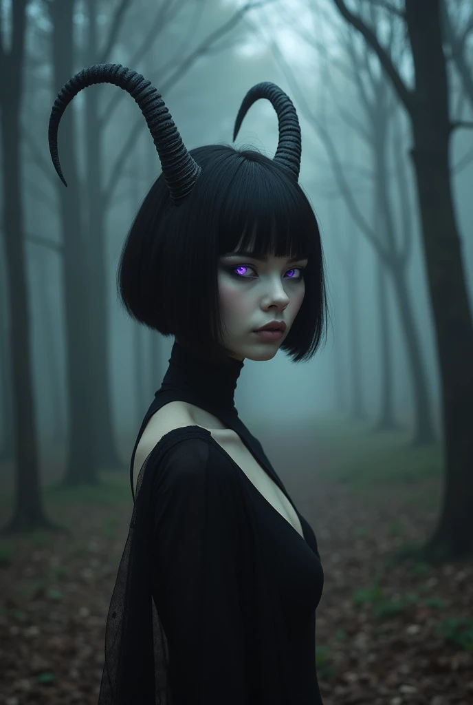 Beautiful demon woman, perfect face, skin as white as snow, black hair in inverted bob, black eyeliner, glowing purple eyes, small white horns. In a haunted forest, wearing a little black dress.