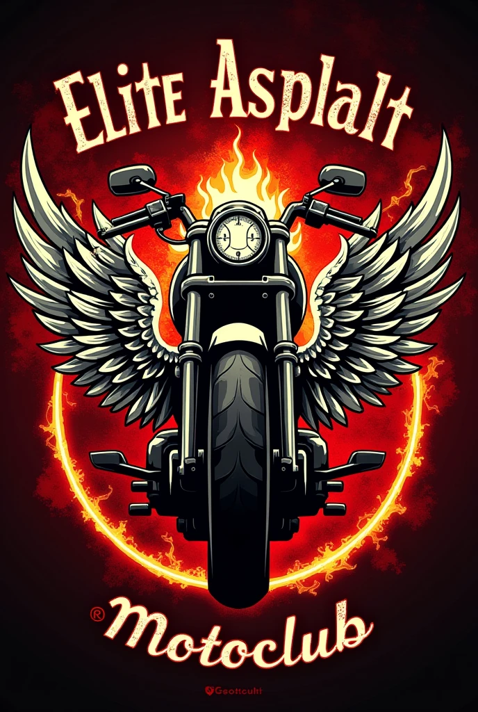 Crest with the name
Elite asphalt motorcycle club with red colors, white and yellow and below the name motoclub in Portuguese the name