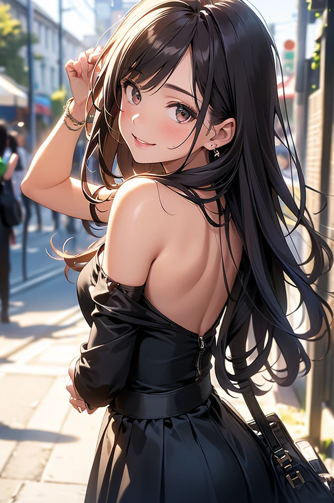 (masterpiece, Best quality, Ultra detailed, a high resolution, 4K),(beautiful detailed eyes),(very detailed face),(1 girl),HDR,By wide, Bermuda, Brown eyes, in chestnut, cell phone, bracelet, without sleeves, Jewelry, look, lips, focus only, back, hands behind your back, Blurred background, smile, wristlook, realist, Blurred, Looking at the viewer