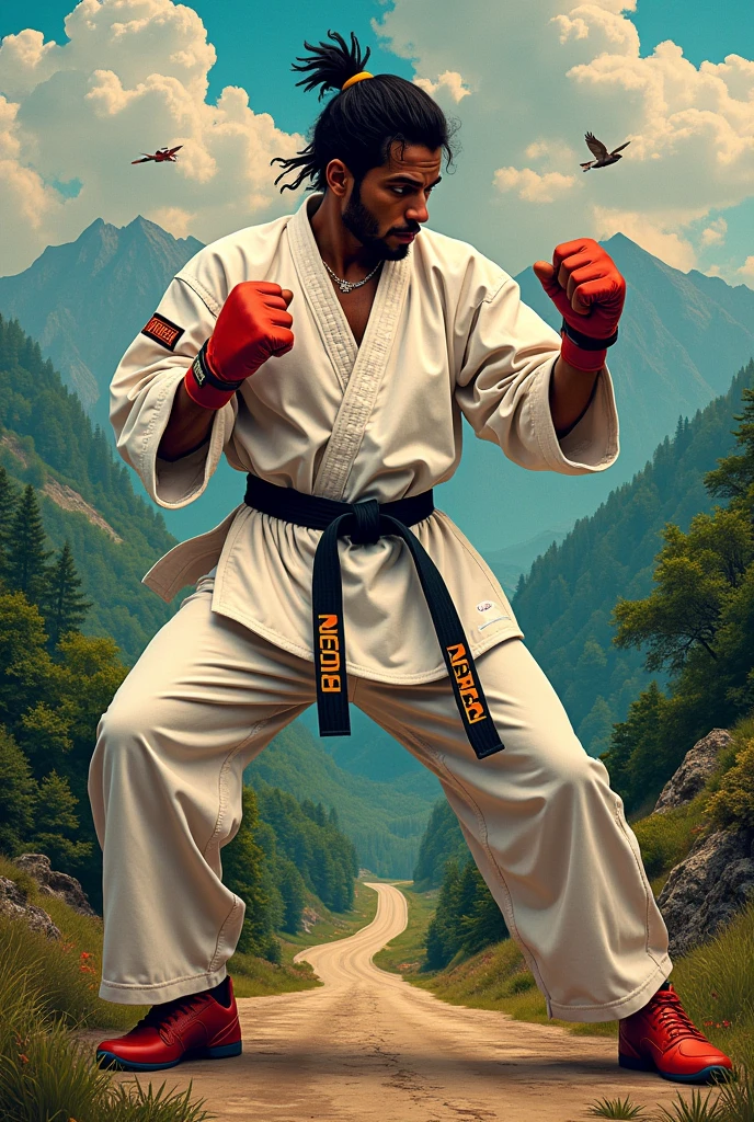 make me a picture with which I can introduce myself which is a combat sport, Essen, travel, music/Rap and nature encompasses all things that should be individually represented in the image.