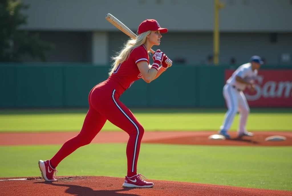 Magnificent detail, 8K Photos, hyper- realism, realistic background, visual depth, wide angle lens, professional light, POV catcher (catcher) behind the batter (batter). {The scene shows a woman batter (batter) In the baseball game, Linda, sensuous, blonde with white skin, turned sideways, segurando a base do taco In the baseball game e rebatendo forte uma bola In the baseball game, thrown by a pitcher (pitcher) in official playing position.} {The hitter (batter) veste uniforme do Los Angeles Angels, with short shorts, rot, very tight, showing off her beautiful muscular legs and big butt, white babydoll style top, short, that highlights your belly button well, defined abdomen and perfect big breasts. whitegloves, capacete rot e tênis branco e rot da marca nike.} {O cenário é um campo In the baseball game e as 3 pessoas estão posicionadas de acordo com as regras e demarcações oficiais do beisebol.} {The woman is in the traditional rotation movement to hit the ball} {The pitcher is returning from the ball throwing motion. The pitcher is wearing a traditional Dodgers uniform..} {The hitter (batter) is looking at the ball, holding the bat with both hands, with semi-flexed knees and legs wide open.} The ball is close to the point of contact with the bat. The hitter tem bunda grande, Waist slender, big boobies. Linda, sexly.