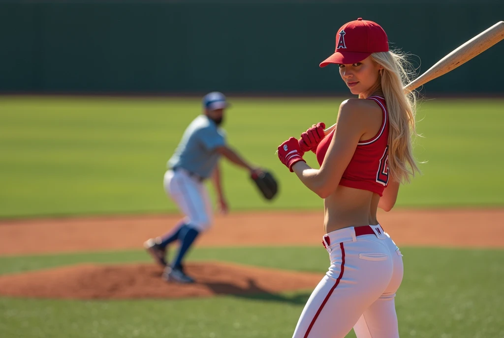 Magnificent detail, 8K Photos, hyper- realism, realistic background, visual depth, wide angle lens, professional light, POV catcher (catcher) behind the batter (batter). {The scene shows a woman batter (batter) In the baseball game, Linda, sensuous, blonde with white skin, turned sideways, segurando a base do taco In the baseball game e rebatendo forte uma bola In the baseball game, thrown by a pitcher (pitcher) in official playing position.} {The hitter (batter) veste uniforme do Los Angeles Angels, with short shorts, rot, very tight, showing off her beautiful muscular legs and big butt, white babydoll style top, short, that highlights your belly button well, defined abdomen and perfect big breasts. whitegloves, capacete rot e tênis branco e rot da marca nike.} {O cenário é um campo In the baseball game e as 3 pessoas estão posicionadas de acordo com as regras e demarcações oficiais do beisebol.} {The woman is in the traditional rotation movement to hit the ball} {The pitcher is returning from the ball throwing motion. The pitcher is wearing a traditional Dodgers uniform..} {The hitter (batter) is looking at the ball, holding the bat with both hands, with semi-flexed knees and legs wide open.} The ball is close to the point of contact with the bat. The hitter tem bunda grande, Waist slender, big boobies. Linda, sexly.