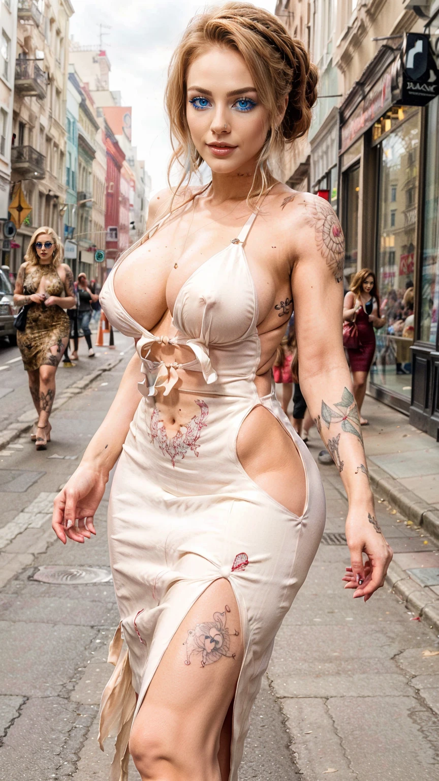 A late 30s woman, full length portrait, various modeling poses, catwalk strut, crowded city street, wide shot, UHD, 8k, strong details, BREAK: lopsided smirk, sapphire blue eyes, has palest alabaster white skin, (slim and soft physique), full color body tattoos, heavily tattooed, skull tattoo above breasts, honey blonde hair in a messy bun, double undercut hair style, ((red bodycon dress)), (small perky bust), (breast ptosis:1.3), pierced nipples under dress, pokie nipples, long legs, (strong glutes), short torso, (coltish build) 