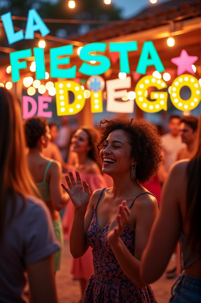 Create an invitation image that says ( DIEGO'S PARTY ) in Spanish with some adults dancing