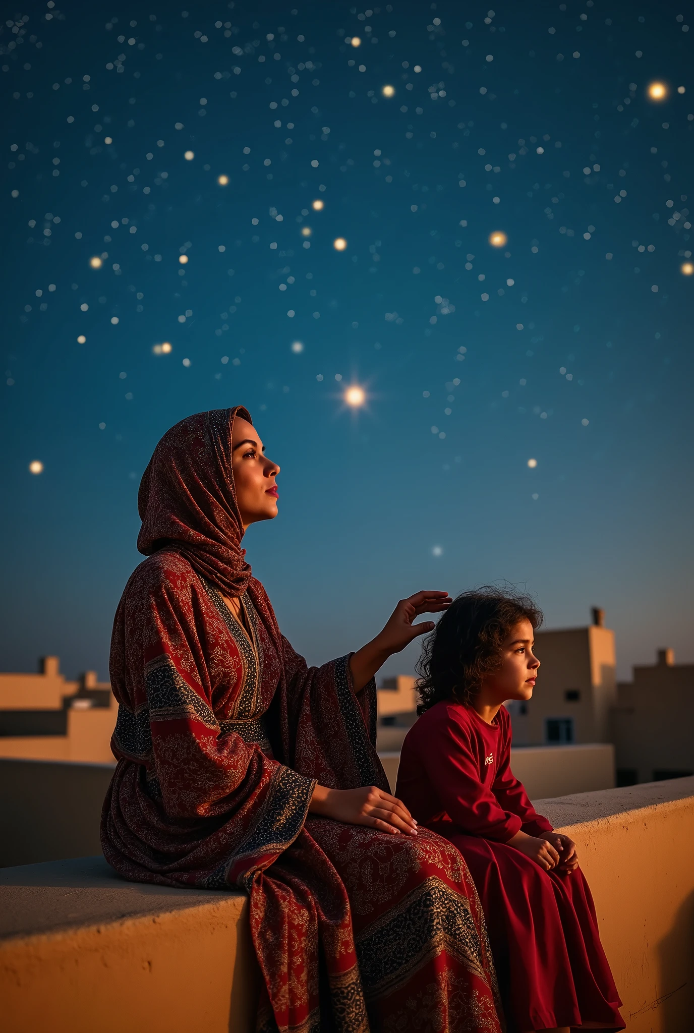 (Image réaliste : 1.2), une belle femme arabe, assise avec sa fille sur le toit de la maison, portant un beau caftan marocain et se peignant les cheveux, et elles regardent les étoiles dans l'espace, en haut se trouve le mur de la maison, et d'autres maisons au loin,