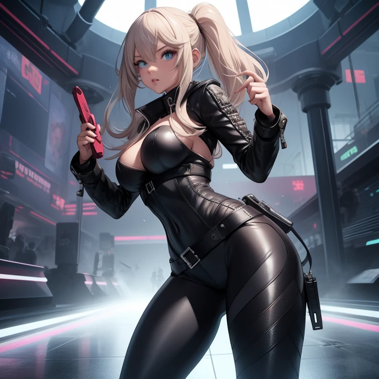 Video game character girl in leather leggings 