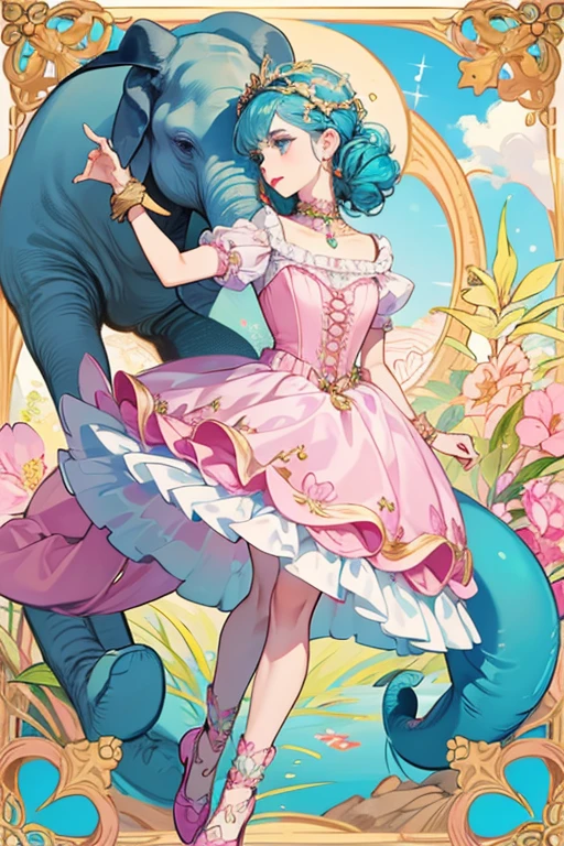 Ekaterina has grey skin with a painted nose to look like an elephant trunk. She has green eyes, blue eyebrows, and red lips. She has blue hair that hangs around her elephant ears and down to her hips. She has a long elephant tail. She wears a molded-on pink bodice with a turtleneck collar. She has a gold pattern on the bodice. Her white skirt has a pink band and a pattern of yellow, pink, and blue flowers and green leaves on the skirt. She wears pink shoes with a jeweled pattern on them and a blue necklaces are painted onto her bodice. She has a golden headpiece with five pink jewels and a blue jewel on the headpiece.  SPARKLE; GLITTER