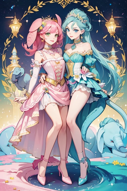 Ekaterina has grey skin with a painted nose to look like an elephant trunk. She has green eyes, blue eyebrows, and red lips. She has blue hair that hangs around her elephant ears and down to her hips. She has a long elephant tail. She wears a molded-on pink bodice with a turtleneck collar. She has a gold pattern on the bodice. Her white skirt has a pink band and a pattern of yellow, pink, and blue flowers and green leaves on the skirt. She wears pink shoes with a jeweled pattern on them and a blue necklaces are painted onto her bodice. She has a golden headpiece with five pink jewels and a blue jewel on the headpiece.  SPARKLE; GLITTER