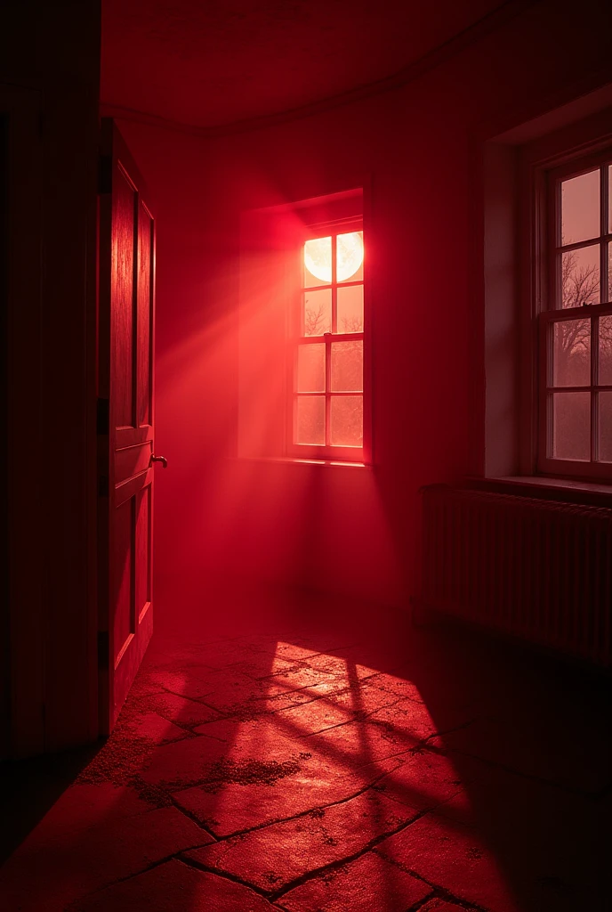 Indoor background image 
Red light,white ligh,flaming wall, light hitting the floor from windows,blood moon night
