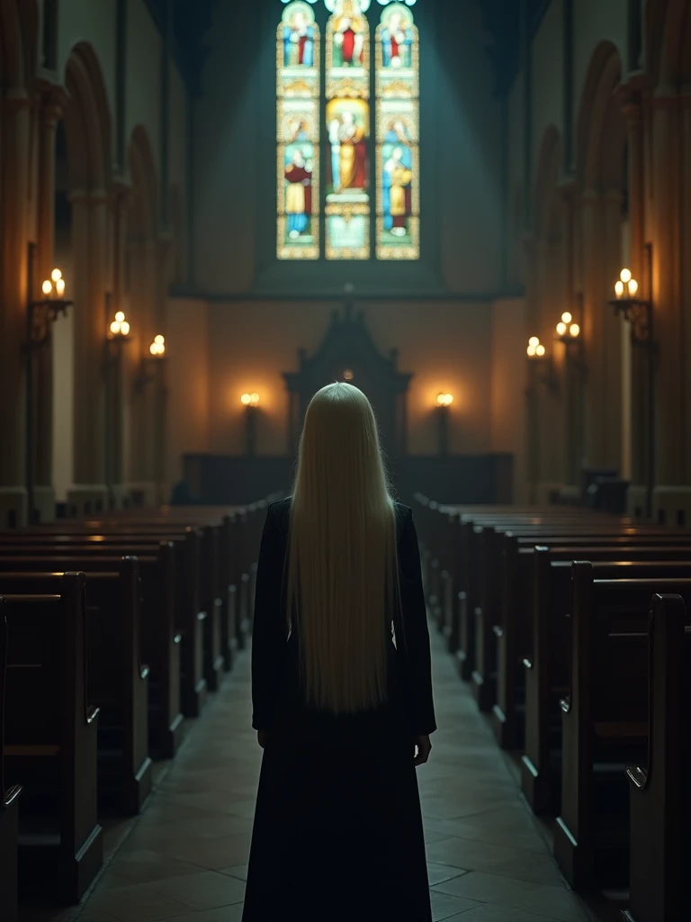 A young nun with long, straight, pale blonde hair, pale eyes, pale skin, beautiful, and cold-faced, stood in the church. 