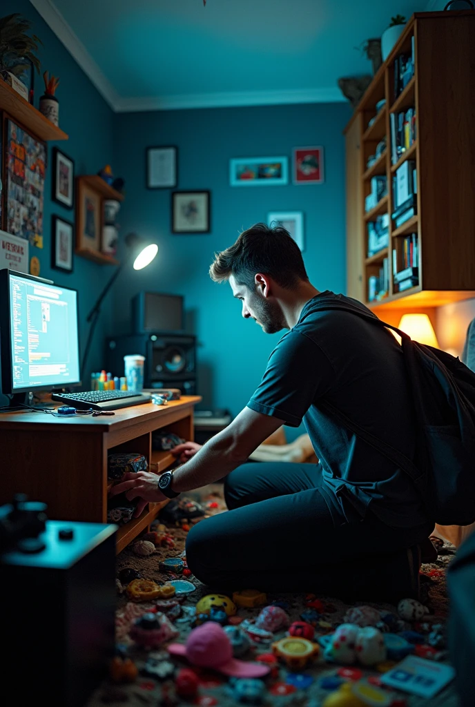A man who doesn't wear underwear in his gamer friend's house stealing all his underwear which are all men's boxers he put them in his backpack, Now the man is gone and the gamer friend is looking for his underwear in the room and the whole house