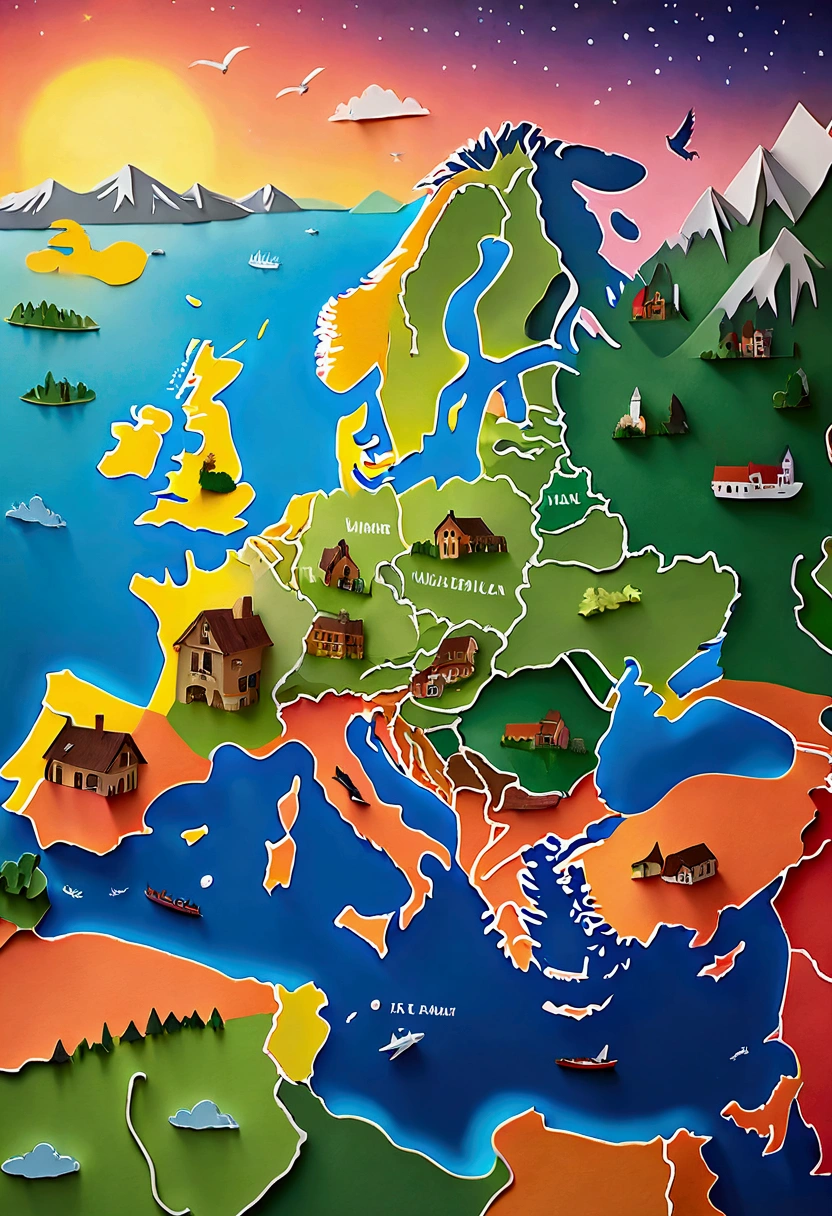 Paper cut art (((masterpiece))),best quality, illustration, europe map, within Europe map we see a night sky, rivers, mountains, cows, no humans, night, birds, building, grass, house, trees, europe map, vibrant color scheme, Soft light,(warm color:1.2),Water color painting, light background, best quality exquisite details,3d rendering,Octane render, pastel, paper_cut of europe map.