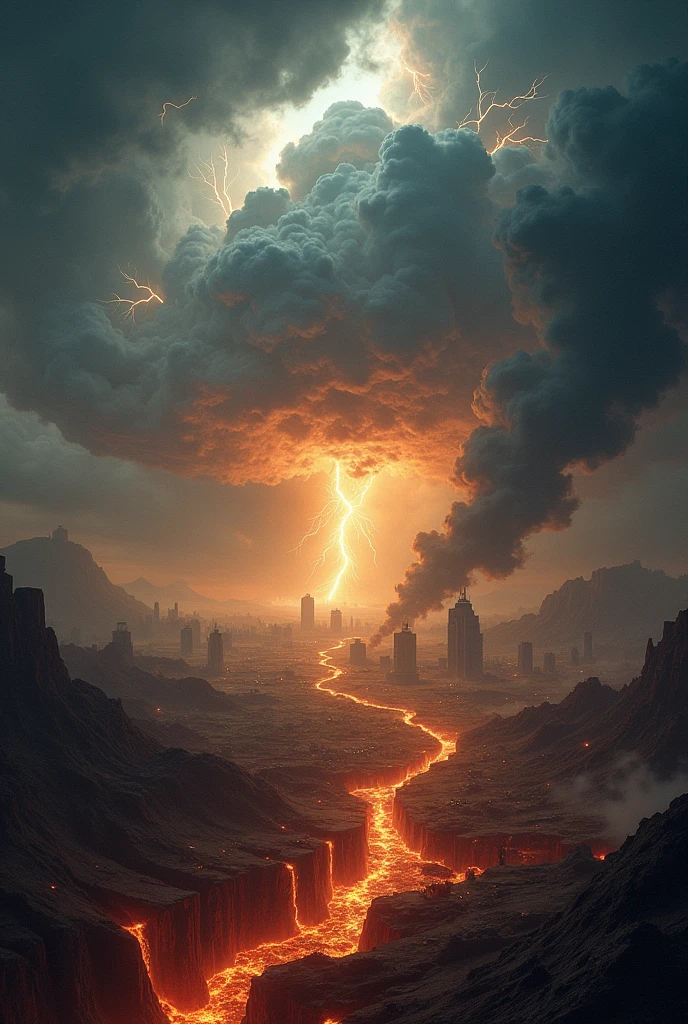 A dramatic and impactful scene capturing the apocalyptic vision described in the Bible. The sky is in turmoil, with dark, ominous clouds gathering, intermittently illuminated by intense lightning and thunder. Below, the Earth is marked by devastation, with ruined cities, barren landscapes, and molten lava flowing from fissures in the ground. Shadows of mythical creatures and the Four Horsemen of the Apocalypse emerge from the darkness, bringing chaos and destruction. The atmosphere is charged with a sense of foreboding and imminent catastrophe, reflecting the grandeur and terror of the apocalyptic prophecies. The scene conveys a feeling of urgency and despair, symbolizing the total collapse of the world before renewal.