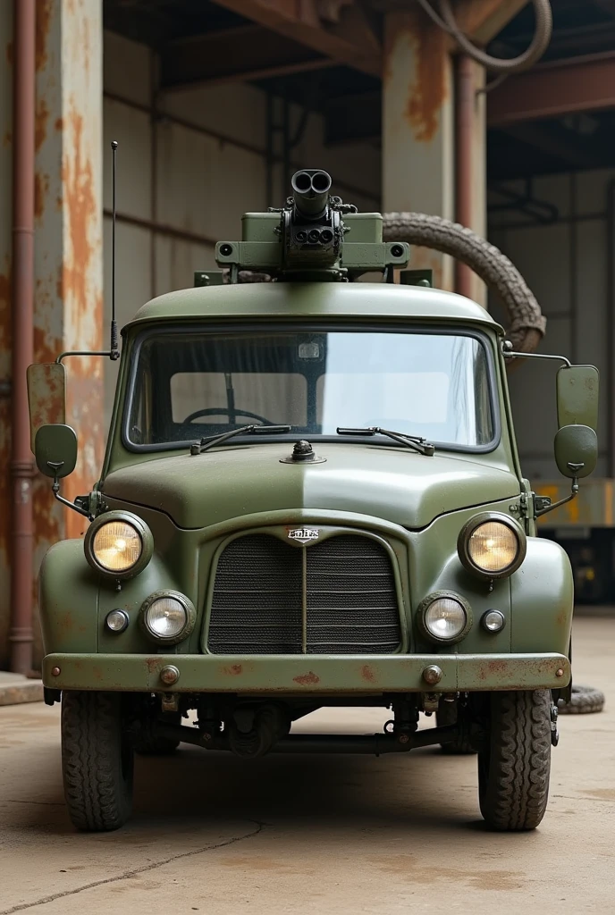 Small closed van-type utility vehicle from the 1950s, van body, advanced cabin, straight ahead, military army paint simple lines on the front without a front grille, rear engine, steel wheels without hubcaps in body color, No doors, simplest version without chrome, circular headlights screwed to the front sheet metal, parked on a base, with a hatch in the roof and a machine gun mounted on the roof.