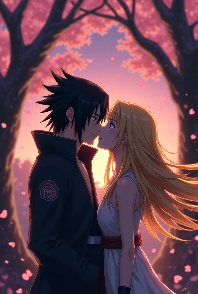 Renegade Sasuke Uchiha kissing a girl with long blonde hair