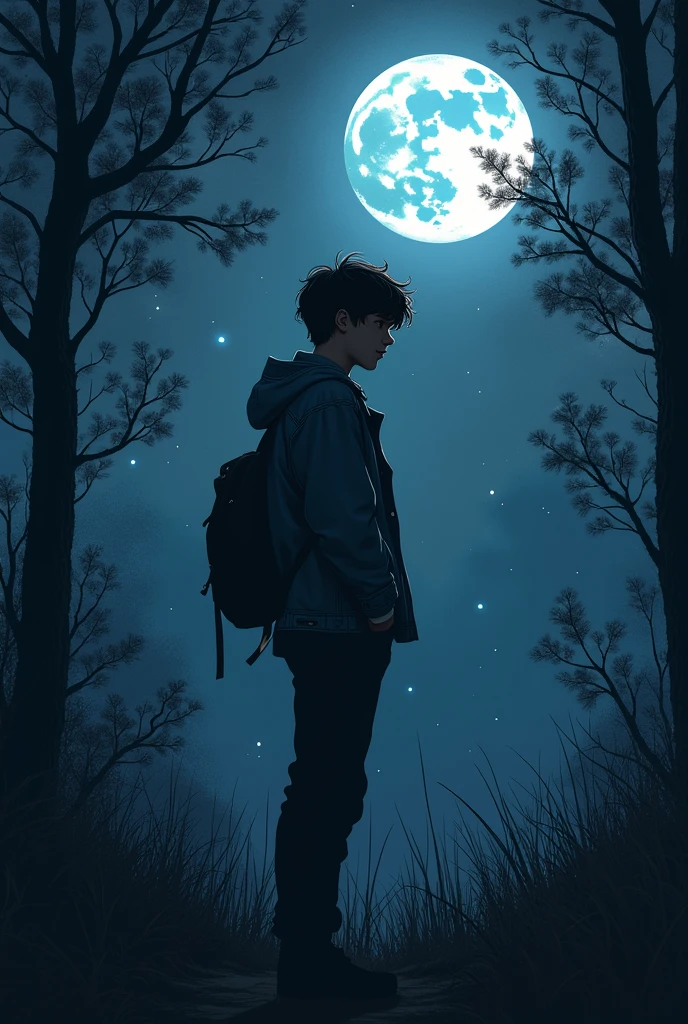 A 23 years old boy, who fell in love, outdoors, dark theme, sketch type picture, nature background 