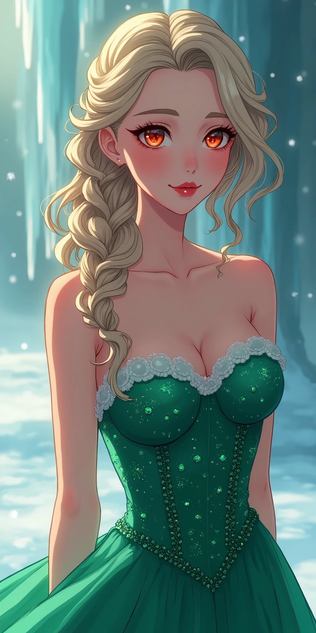 (best quality, ultra-detailed, photorealistic: 1.39), bright and vibrant colors, studio lighting, romantic expression, An effeminate girl, with a delicate and beautiful face. She is a girl who reflects seductive beauty, sparkling red eyes, extremely beautiful woman, naughty smile, in a beautiful lady pose, beautiful dress set in emeralds, beautiful, strapless dress, small breasts, she is a lady, ice kingdom, ice castle, she is in love, anime style, Anime Girl