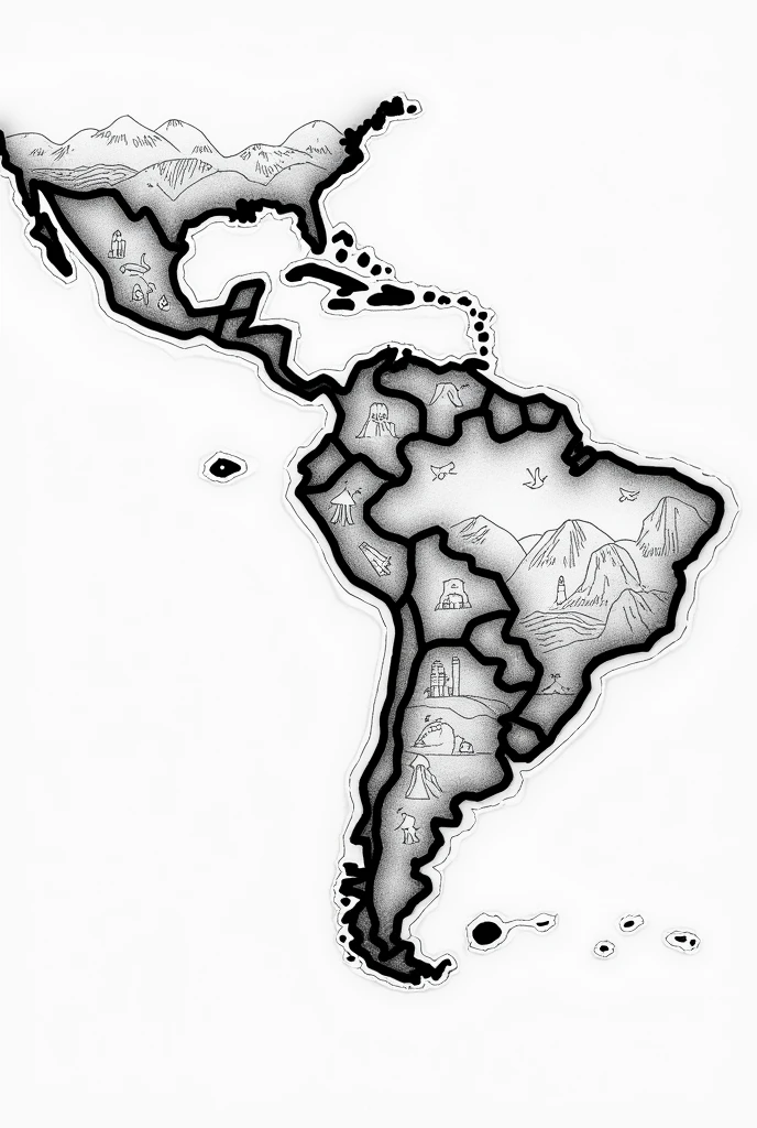Desenho em preto e branco, map of the 3 Americas with a road