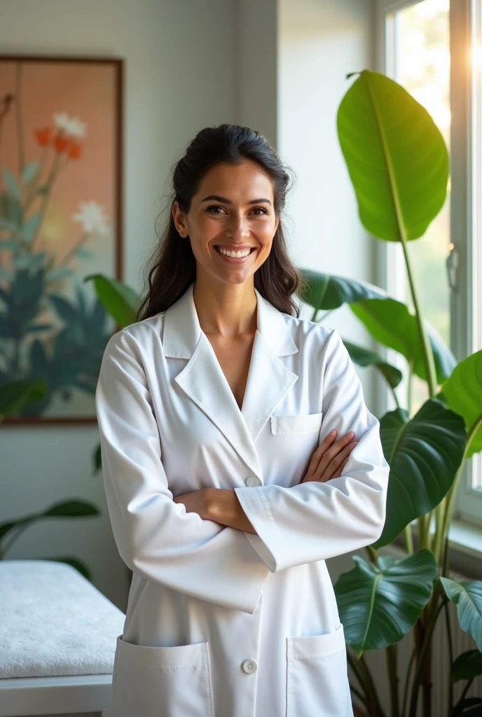 I need an image that symbolizes that a professional in the aesthetics field wearing a lab coat can adapt., ADJUST EFFECTIVELY TO NEW ENVIRONMENTS AND CONDITIONS TO ACHIEVE SUCCESS AND WELL-BEING. VERY REAL IMAGE. NUMA Aesthetics Clinic. BRAZILIAN PROFILE.