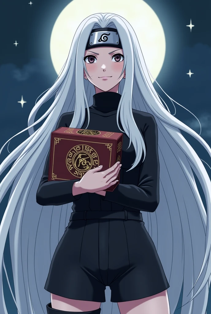 female character in the Naruto universe with long white hair, super seductive and beautiful, powerful with an 18-year-old face, clanless and holding a Pandora's box wearing short black clothes and with an evil face and black eyes