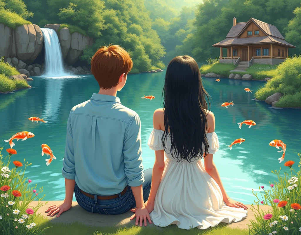 An image of two teenagers , A boy and a girl sitting, With their backs to the image, by a lake, without leaning against each other, they are just sitting side by side. The boy has short brown hair, jeans and a light blue shirt. She is wearing a white dress and has long black hair. Os dois estão sentados by a lake. The lake has a small waterfall that flows into it, and is with some ornamental carp, each in a different color, in the water. Around them there is a country house surrounded by nature. the image can be in a painting style.