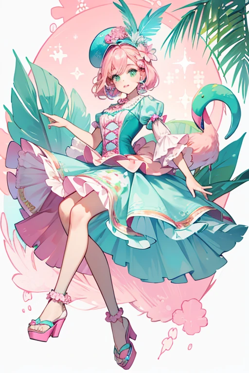 Fanci has light pink skin with pink eyebrows, green eyes, pink lips, and a grey nose. She has blue and pink feather makeup around her eyes. Her pink hair is tied back slightly and down to her hips. She has no animal ears or tail. Fanci wears a light blue bodice with a pattern of flamingo feathers and yellow and pink flowers in a watercolor style down the middle. Her skirt is removeable with a teal elastic band around the waist of the skirt. The skirt is white with pineapples, tropical pink flowers and leaves, and pink dots on it. The look is augmented with a white fur stole. Fanci's footwear consists of pink platforms with tropical leaves on the noses and flamingos at the top of the shoes. She wears a teal party hat with feathers and teal and pink flowers on the hat. SPARKLE; GLITTER